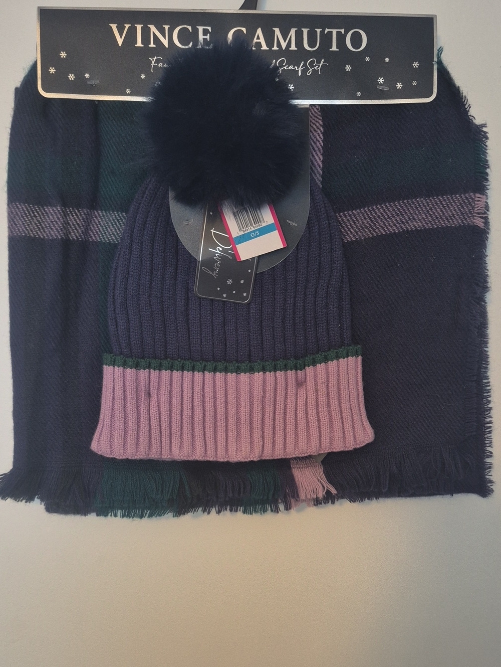 Vince Camuto Navy Beanie and Scarf Set with Pink Cuff and Green Trim